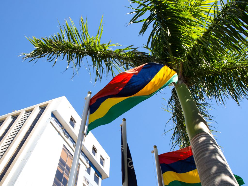 vue en plongee des institutions politiques mauriciennes avec drapeaux